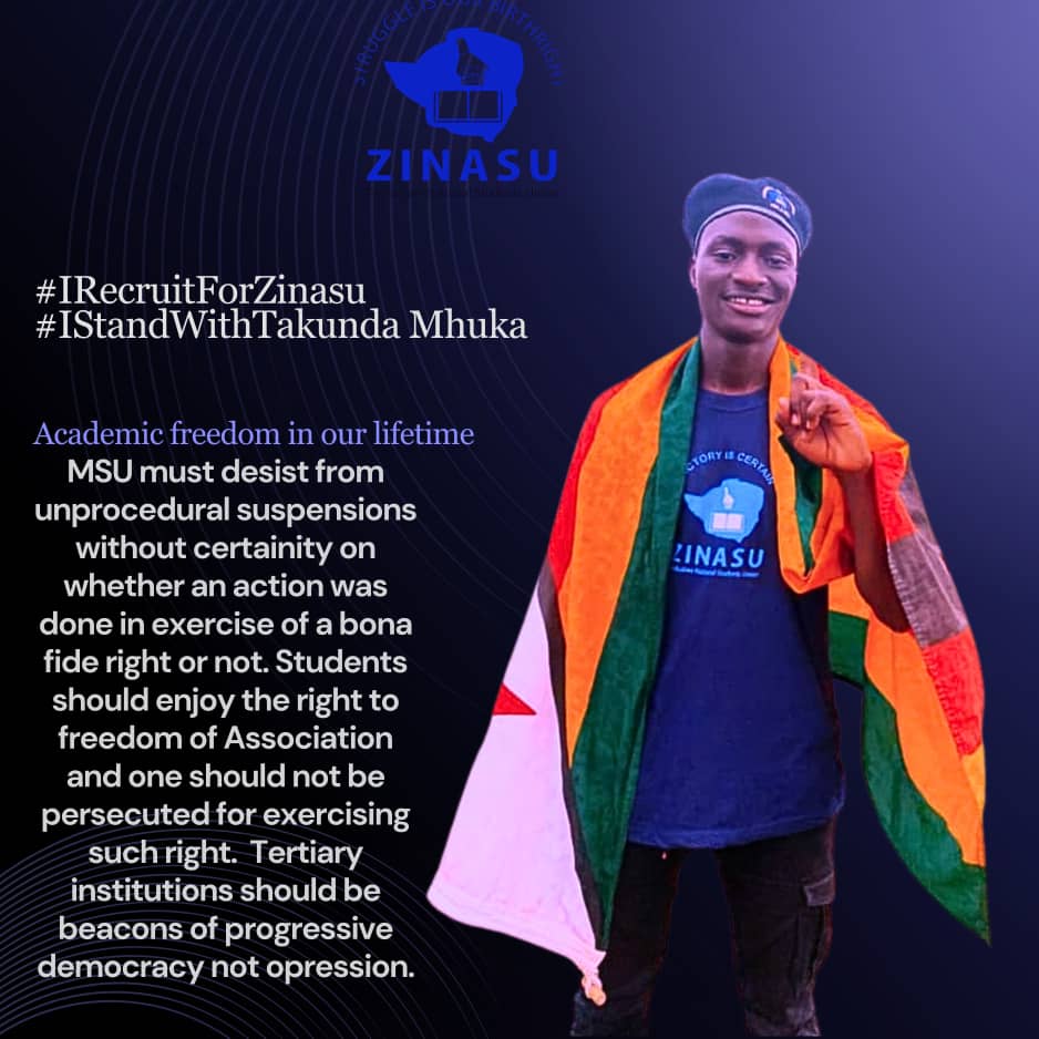 🚨LATEST-JUST IN🚨

Comrade Takunda Mhuka the Secretary General of Midlands State University Chapter has just been expelled from MSU in the just ended Hearing, for recruiting for ZINASU🕯
This Suspension is Unjust!!

#ZinasuLives