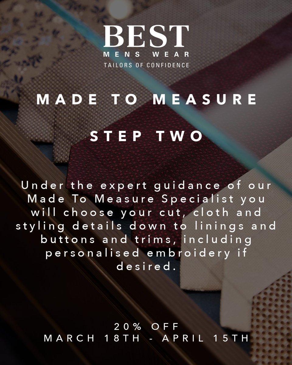 Made To Measure - Step Two ✨

To design your dream suit and to get 20% off, book your appointment in-store and online now: ow.ly/C63f50VhbLh