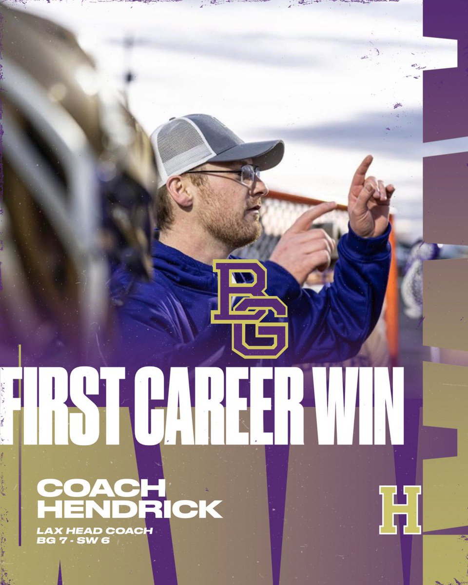 BgPurplesAth's tweet image. Congratulations to Coach Clay Hendrick on his first win as the head coach of our boys lacrosse team. He won his first game last Friday (March 7th) against SWHS. The future looks very bright in this program!