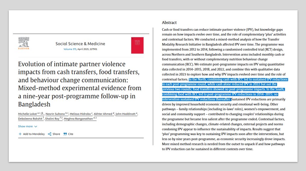 a_peterman's tweet photo. 🆕 from @IFPRI @LSHTM: 9⃣-year mixed-methods follow up of how economic transfers affect IPV

--> Impacts ⬇️ IPV are maintained in the north for $$ [but not food] transfers - with &amp; without BCC added - but not in the south

https://t.co/iLFVkN0WRd https://t.co/jmUNY3FuQx