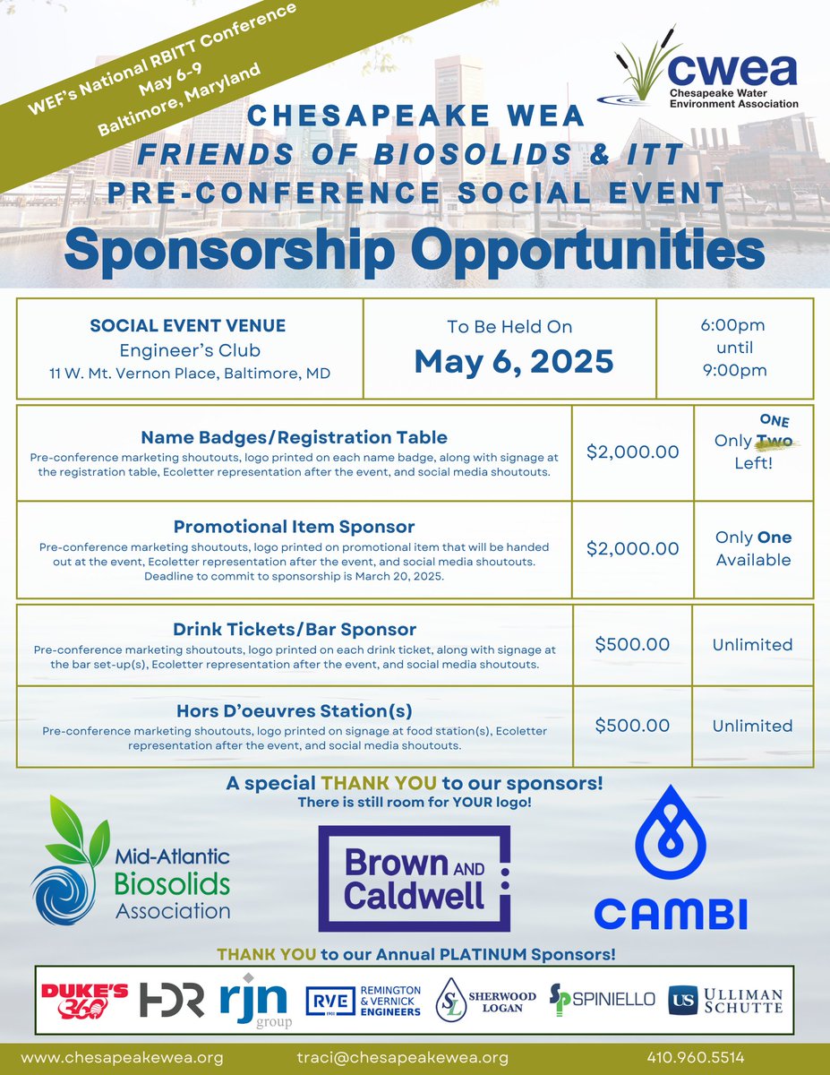 ChesapeakeWEA (@chesapeakewea) on Twitter photo Thank YOU to our new sponsors Brown & Caldwell and Cambi!  Register or Sponsor TODAY!  
Click Here:  ow.ly/mu5X50Vi80o Thank YOU to our new sponsors Brown & Caldwell and Cambi!  Register or Sponsor TODAY!  
Click Here:  ow.ly/mu5X50Vi80o