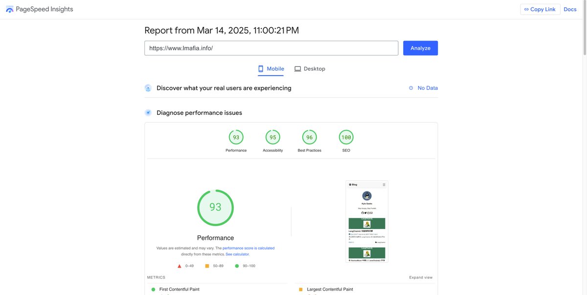 lmafia16's tweet image. #PageSpeedInsights

在上线前，别忘了使用 PageSpeed Insights 分析你的网站性能。优化加载速度，提升用户体验，助力 SEO 排名！

这款由谷歌推出的免费工具能够评估网页在移动设备和桌面设备上的加载速度，并提供优化建议。
提升网站速度不仅能改善用户体验，还能优化 SEO