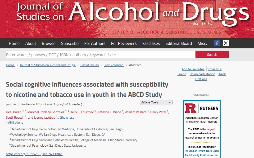 Journal of Studies on Alcohol and Drugs (@jsadjournal) on Twitter photo Social cognitive influences associated with susceptibility to nicotine and tobacco use in youth in the ABCD Study (new in @JSADjournal)
<a href="/profnealdoran/">Neal Doran</a> <a href="/Marybel08/">Marybel Robledo Gonzalez, PhD</a> <a href="/herrypatelphd/">Herry Patel, Ph.D.</a> <a href="/PsychiatryUcsd/">UC San Diego Department of Psychiatry</a> <a href="/VASanDiego/">VA San Diego</a> <a href="/OhioStateMed/">The Ohio State University College of Medicine</a>
jsad.com/doi/abs/10.152… Social cognitive influences associated with susceptibility to nicotine and tobacco use in youth in the ABCD Study (new in @JSADjournal)
<a href="/profnealdoran/">Neal Doran</a> <a href="/Marybel08/">Marybel Robledo Gonzalez, PhD</a> <a href="/herrypatelphd/">Herry Patel, Ph.D.</a> <a href="/PsychiatryUcsd/">UC San Diego Department of Psychiatry</a> <a href="/VASanDiego/">VA San Diego</a> <a href="/OhioStateMed/">The Ohio State University College of Medicine</a>
jsad.com/doi/abs/10.152…