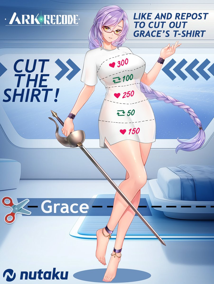 NutakuGames's tweet photo. Snip snip ✂️ can you cut the shirt before Ark Re:Code comes to Nutaku? #ArkReCode #stripchallenge https://t.co/Szu5ziMFQP