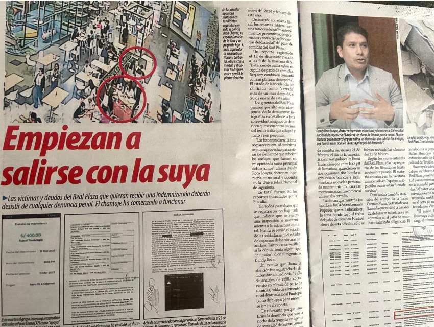 brunoamoretti_'s tweet photo. Los reportes de incidencias del patio de comidas del Real Plaza demuestran que no se hizo caso a las advertencias del mal estado del techo y no hubo ningún tipo de mantenimiento a su estructura. La estrategia de los abogados de Intercorp es cerrar acuerdos económicos con la condición de que las víctimas y deudos guarden silencio y se aparten del proceso penal. @ensustrece Abro hilo (1/3)