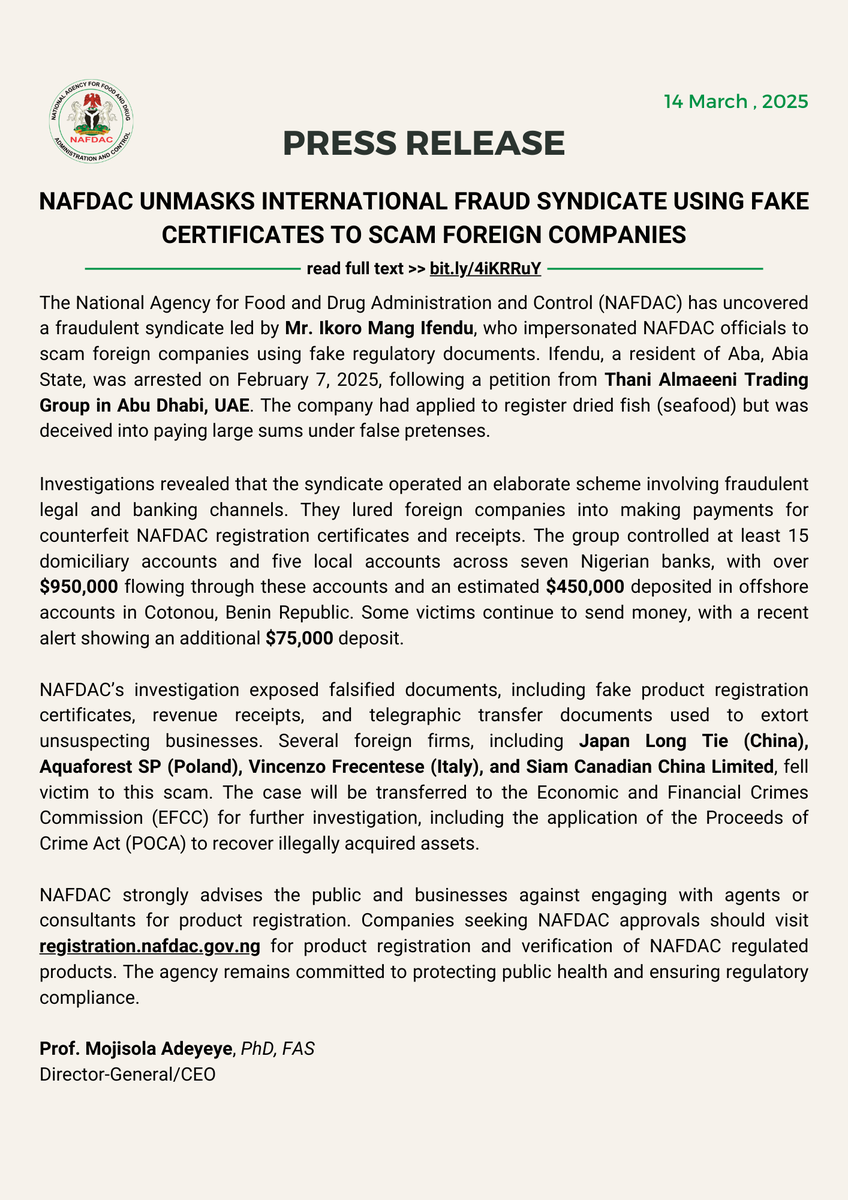 NafdacAgency's tweet photo. 📢 NAFDAC Unmasks International Fraud Syndicate Using Fake Certificates to Scam Foreign Companies

Read full text ➡️ https://t.co/0CzI8WZllU https://t.co/GzNbWSAzqd