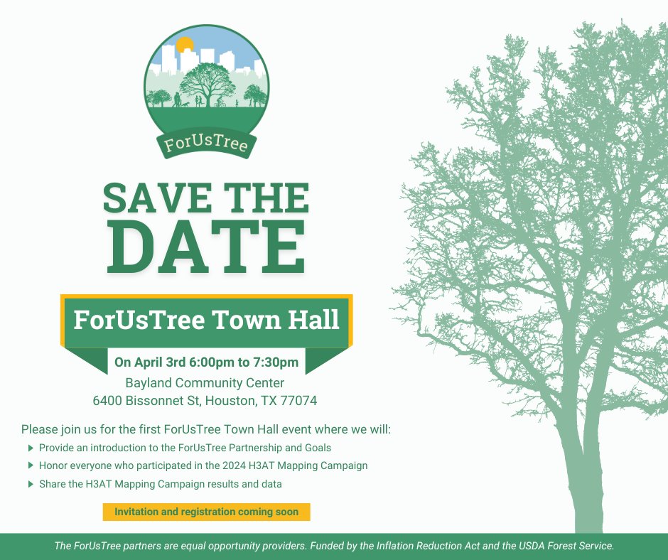 HARCresearch's tweet image. 🌳 Join us for the #ForUsTree Town Hall at the Bayland Community Center! This is a chance to learn about the FUT Partnership and its goals, celebrate everyone who contributed to the #H3ATMapping Campaign, and explore and learn about the H3AT Data. Details coming soon!

#Houston