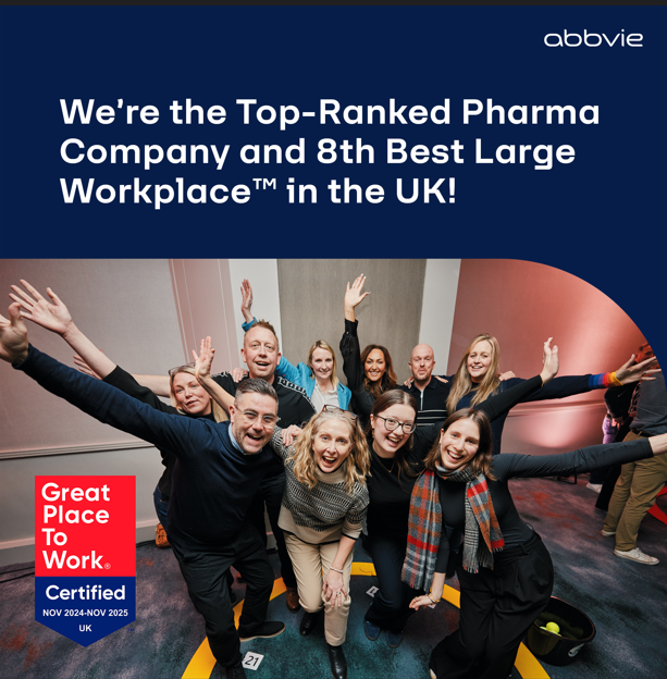 AbbVie has been ranked 8th in the UK Best Workplace™ Awards (large company), the highest-ranking pharmaceutical company! Thanks to our incredible team for making innovation and collaboration a reality every day. What a fantastic culture we have built together. #AbbVieinUK