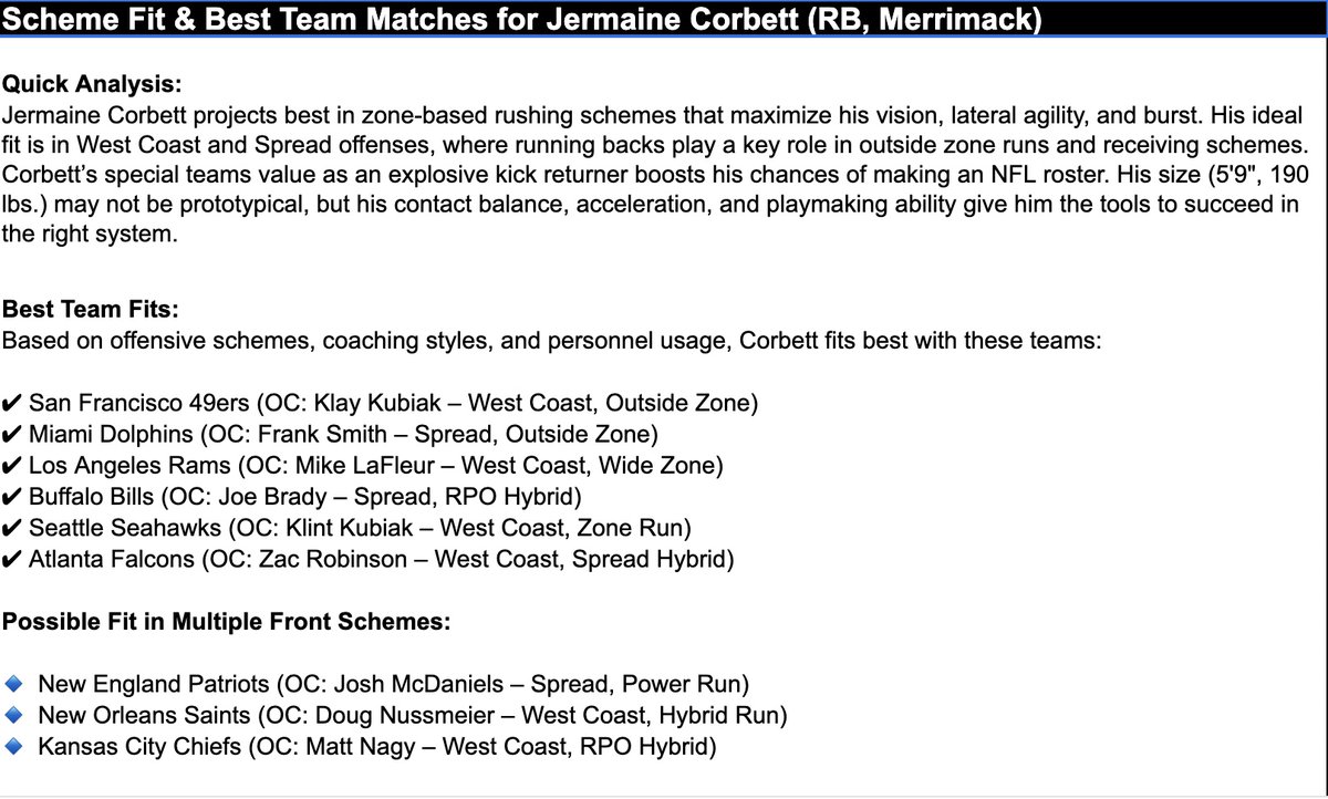 My client, <a href="/Jermaine_2x/">Jermaine Davǒn Corbett Jr.🇭🇹#𝓯𝓵𝔂𝓱𝓲g𝓱𝓹𝓸ps</a> is going to be a name you are going to hear A LOT in the later rounds in the upcoming <a href="/NFLDraft/">NFL Draft</a> especially if you are a #FTTB #GoFins #RamsHouse #BillsMafia #Seahawks #RiseUp. This kid is 1st <a href="/NCAA_FCS/">NCAA FCS Football</a> All American and 1,000 Yard Rusher. #NFLProspect