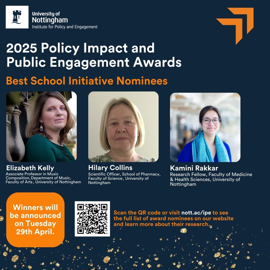 Nottingham Institute for Policy and Engagement (@uon_institute) on Twitter photo 🎉Thrilled to reveal our shortlist for the Best School Initiative category! Congratulations to <a href="/eakellymusic/">Elizabeth Kelly</a> from <a href="/UoNMusic/">Nottingham Uni Music #WeAreUoN</a> <a href="/UoNArts/">UoNArts</a>, Hilary Collins from <a href="/UoNScience/">UoN Science</a> and Kamini Rakkar from <a href="/UoN_SHS/">UoN Health Sciences</a> for their incredible work in bringing research to life for pupils. 🎉Thrilled to reveal our shortlist for the Best School Initiative category! Congratulations to <a href="/eakellymusic/">Elizabeth Kelly</a> from <a href="/UoNMusic/">Nottingham Uni Music #WeAreUoN</a> <a href="/UoNArts/">UoNArts</a>, Hilary Collins from <a href="/UoNScience/">UoN Science</a> and Kamini Rakkar from <a href="/UoN_SHS/">UoN Health Sciences</a> for their incredible work in bringing research to life for pupils.