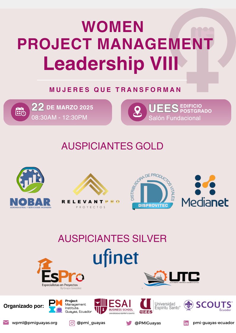 Women Project Management Leadership es una iniciativa organizada por PMI Guayas y UEES que promueve la participación de mujeres líderes en diversas industrias.  22 de marzo 2025 8:30 am – 12:30 pm Universidad Espíritu Santo – Salón Fundacional Regístro: lnkd.in/eYb3yccB