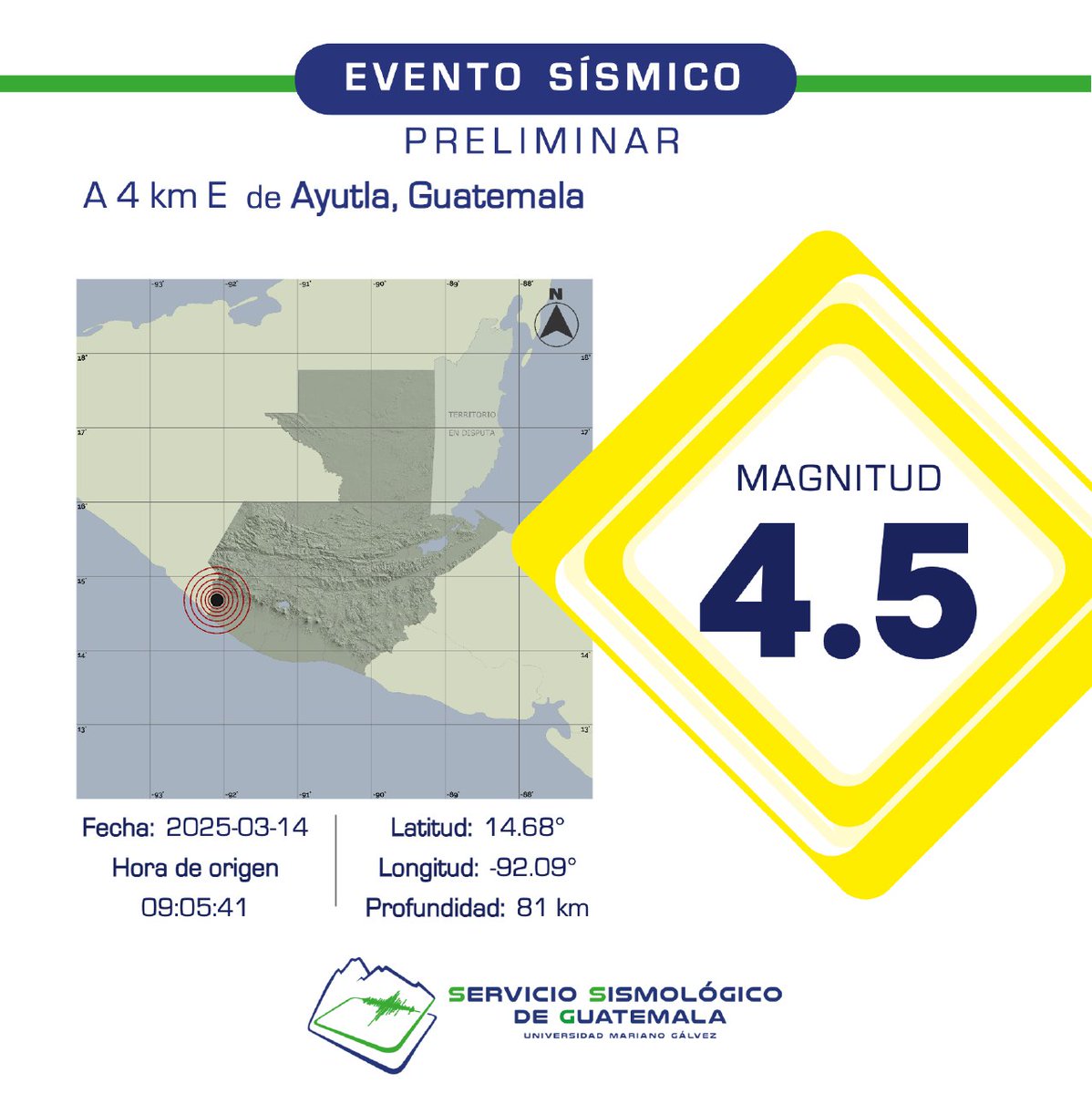 PRELIMINAR
Sismo registrado a 4 km E de Ayutla, Guatemala. #Temblor #TemblorGT #Sismo #SismoGT