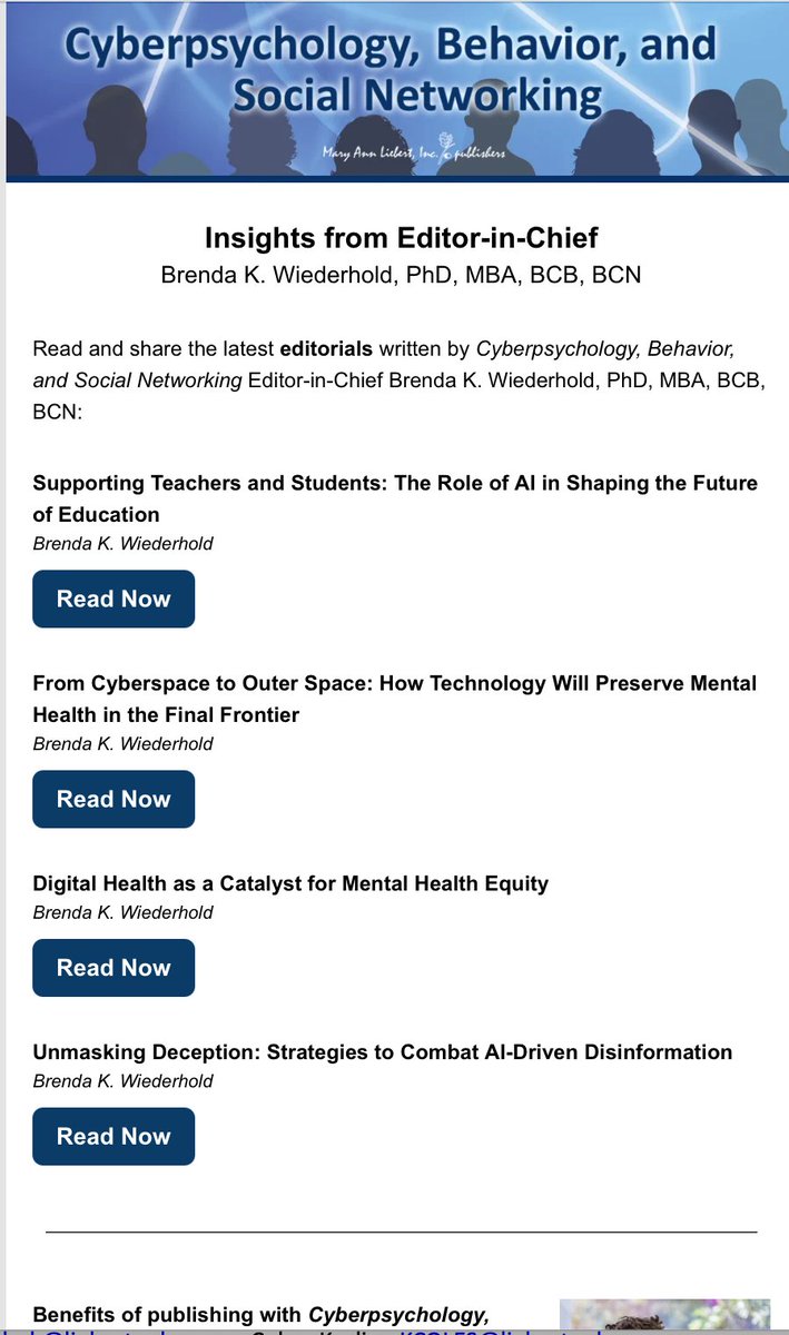 Brenda K Wiederhold (@virtualbrenda) on Twitter photo Read the latest online now <a href="/Cyberpsych_Jn/">Cyberpsychology Journal</a> <a href="/LiebertPub/">Mary Ann Liebert Inc</a> #Cyberpsychology #SocialNetworking #VR #AI #Cybersecurity and more... Read the latest online now <a href="/Cyberpsych_Jn/">Cyberpsychology Journal</a> <a href="/LiebertPub/">Mary Ann Liebert Inc</a> #Cyberpsychology #SocialNetworking #VR #AI #Cybersecurity and more...