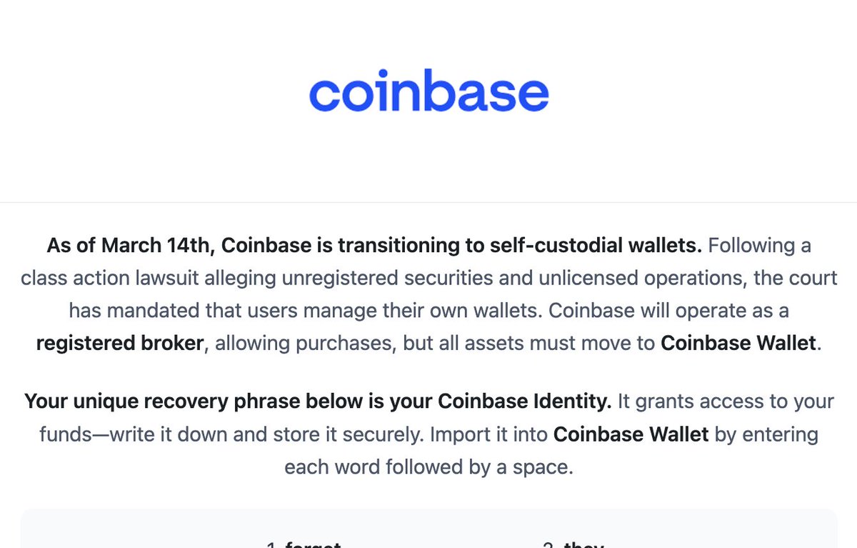 This is a sophisticated scam... Got an email from "Coinbase" but it was sent from an akamai.com email. It provided "secret phrases" that should NOT be visible in an email. I'd suggest going directly through <a href="/coinbase/">Coinbase 🛡️</a> if you want a Coinbase wallet.