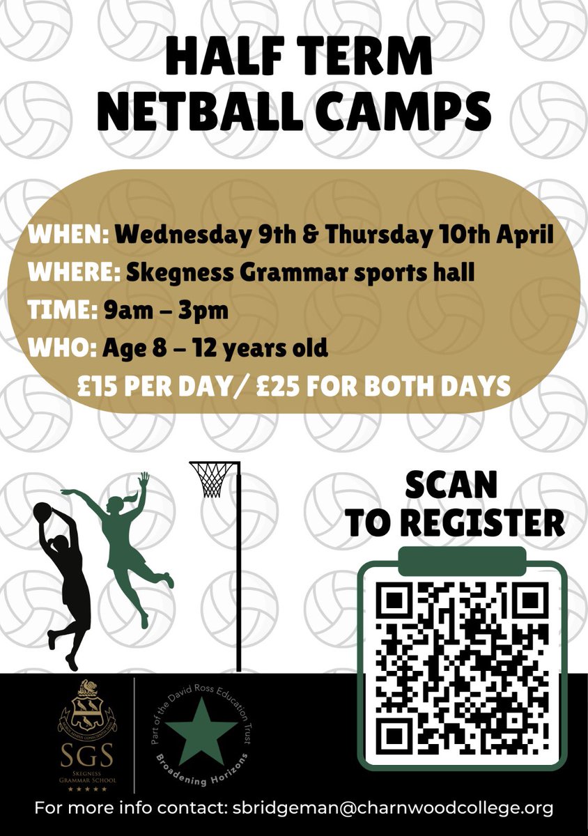 Coastal School Sport Partnership (@coastalsgo) on Twitter photo Skegness Grammar School are pleased to announce that they are hosting an Easter Half-Term Netball camp for ages 8-12 year olds. Open to girls and boys!
Please see poster for details!
Sign up on the QR code or the link- …-ross-education-trust.classforkids.io/camp/12
<a href="/SGS_PE/">SGS PE</a> <a href="/SkegGrammar/">Skegness Grammar School</a> Skegness Grammar School are pleased to announce that they are hosting an Easter Half-Term Netball camp for ages 8-12 year olds. Open to girls and boys!
Please see poster for details!
Sign up on the QR code or the link- …-ross-education-trust.classforkids.io/camp/12
<a href="/SGS_PE/">SGS PE</a> <a href="/SkegGrammar/">Skegness Grammar School</a>
