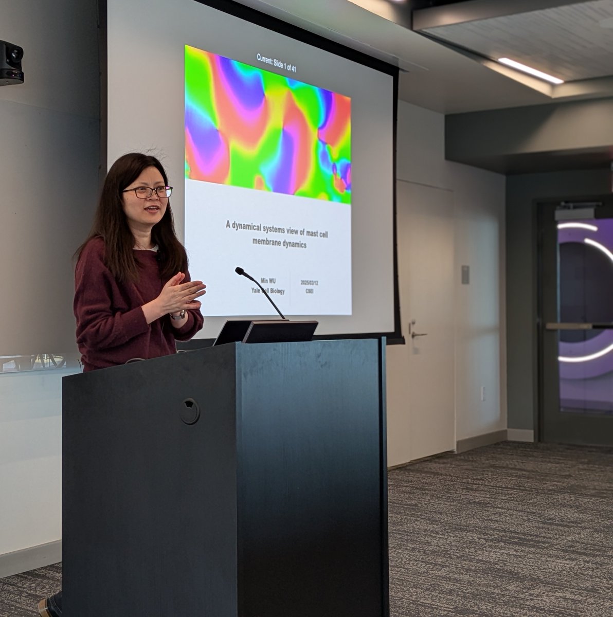 YaleCSEI's tweet image. Learned about cell membrane dynamics at this week’s @YaleCSEI Seminar by Min Wu (Assoc. Prof. of Cell Biology @YaleMed)! Great presentation/discussion on complexity in modeling and understanding oscillating reactions that move across perturbed cell membranes. #YaleCSEI @YaleIBIO