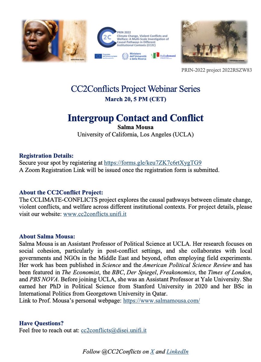 March 20: Don't miss the CC2Conflicts Webinar on the impact of intergroup contact on conflict with <a href="/salma_mousa_/">Salma Mousa / سلمى موسى</a> from UCLA. 
Register now at forms.gle/keu7ZK7c6rtXyg…