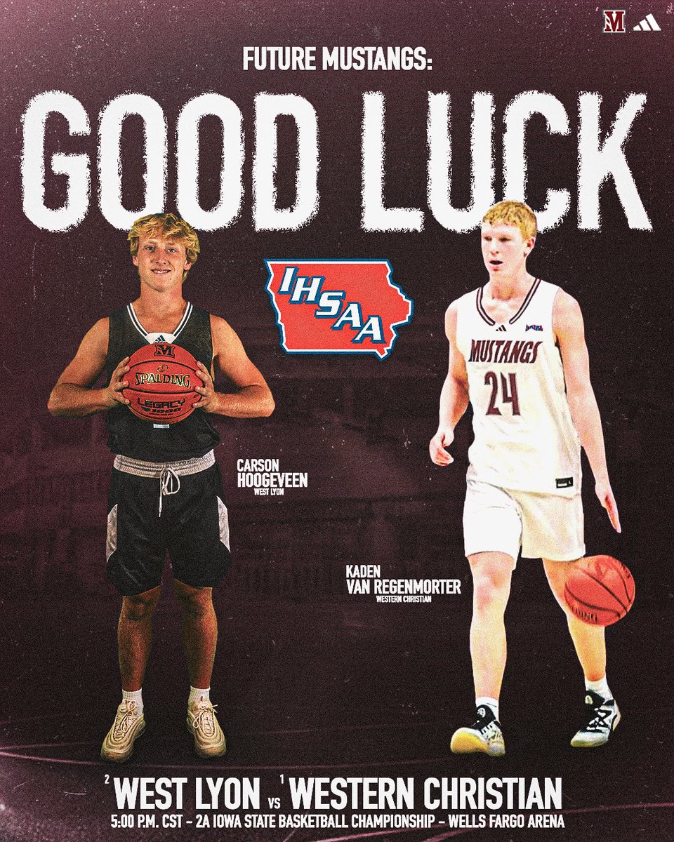 Morningside University Basketball (@msidembb) on Twitter photo Best of luck to a couple of future Mustangs competing in the Iowa High School Class 2A State Championship Game today! π΄
<a href="/KBallr21/">kaden van regenmorter</a>
<a href="/CarsonHoogie/">Carson Hoogeveen</a>
#ALLIN Best of luck to a couple of future Mustangs competing in the Iowa High School Class 2A State Championship Game today! π΄
<a href="/KBallr21/">kaden van regenmorter</a>
<a href="/CarsonHoogie/">Carson Hoogeveen</a>
#ALLIN