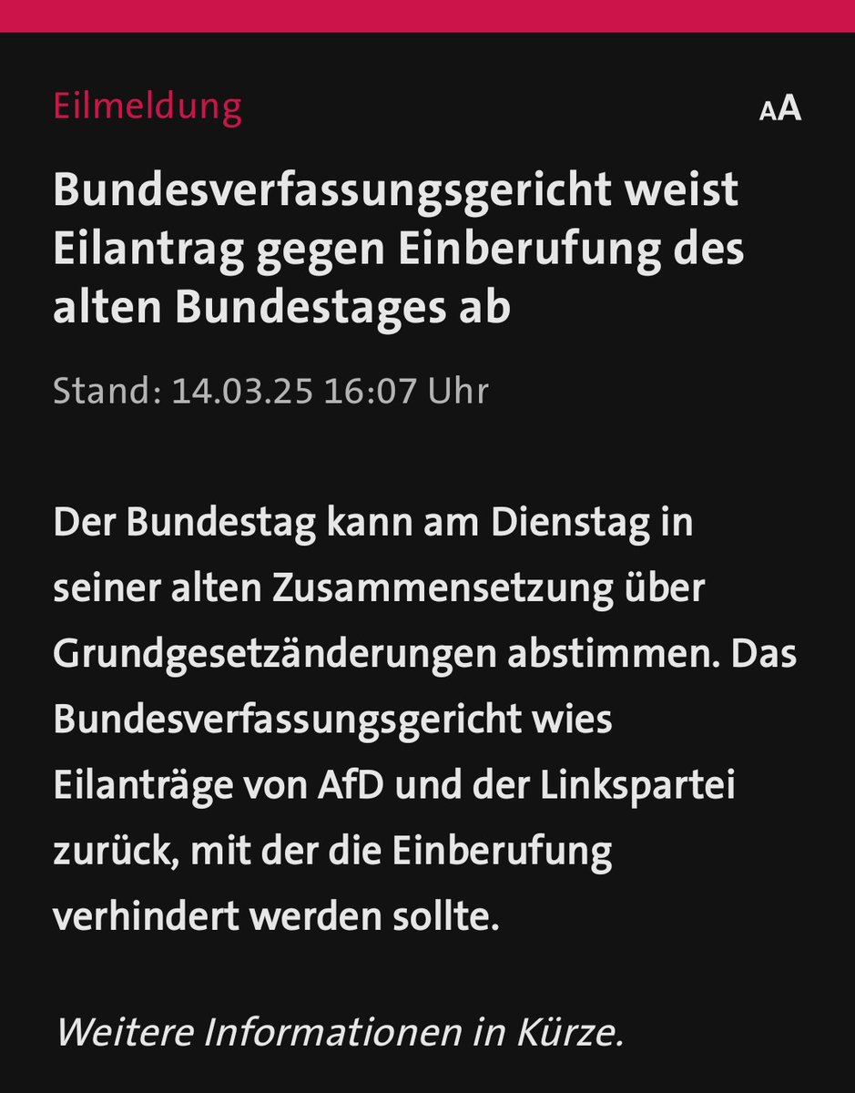 #Bundesverfassungsgericht weist #Eilantrag gegen Einberufung des alten Bundestages ab.

Mehr Infos &amp; Abo hier:
         𝗕𝗲𝗳𝗿𝗲𝗶𝘁𝗲𝗿.𝗕𝗹𝗶𝗰𝗸
      t.me/BefreiterBlick
