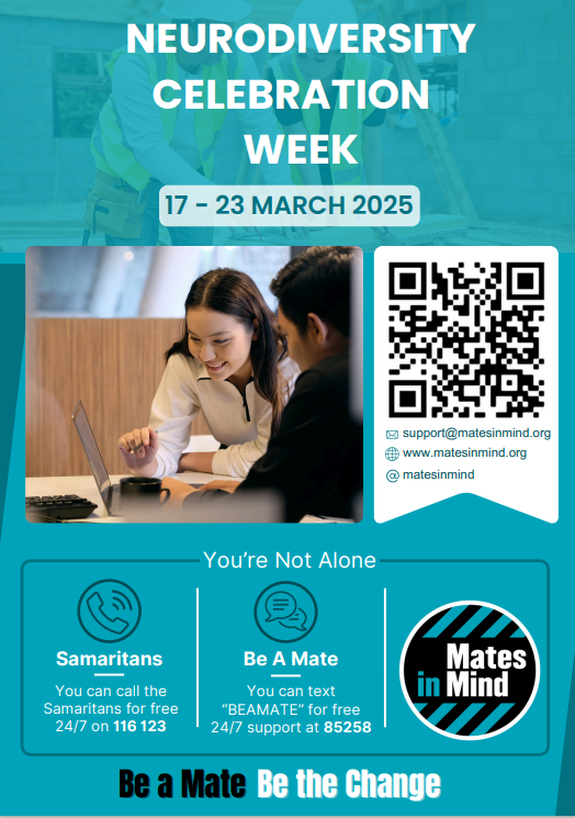 ResetApparel's tweet image. "Celebrate Neurodiversity Week (17-23 Mar 2025)! 1 in 7 UK people are neurodiverse. Support your team with flexibility, tailored communication, and inclusion. #Neurodiversity #MatesInMind matesinmind.org" - #ResetBot