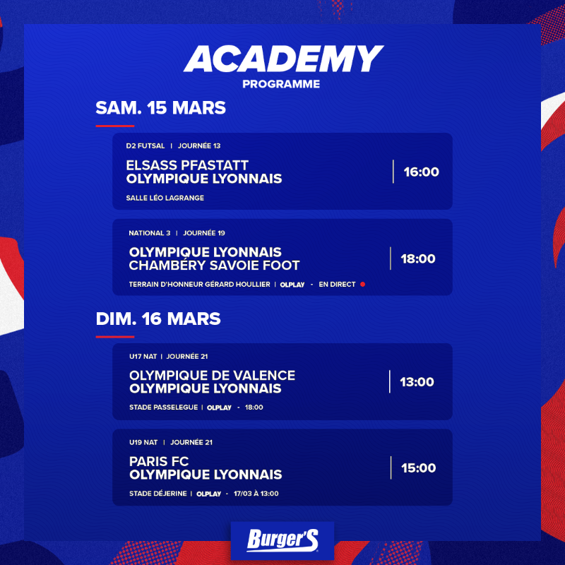 OL's tweet photo. 🔴 Academy 🔵

📅 Découvrez le programme de l'#OLAcademy pour ce week-end ⚽

💻📱 À suivre sur @OLPLAY_Officiel :

▪ Notre réserve face à Chambéry en direct samedi soir
▪ Nos #U17 et nos #U19 en différé

👉 https://t.co/szeffqHUxE

#MadeInOL