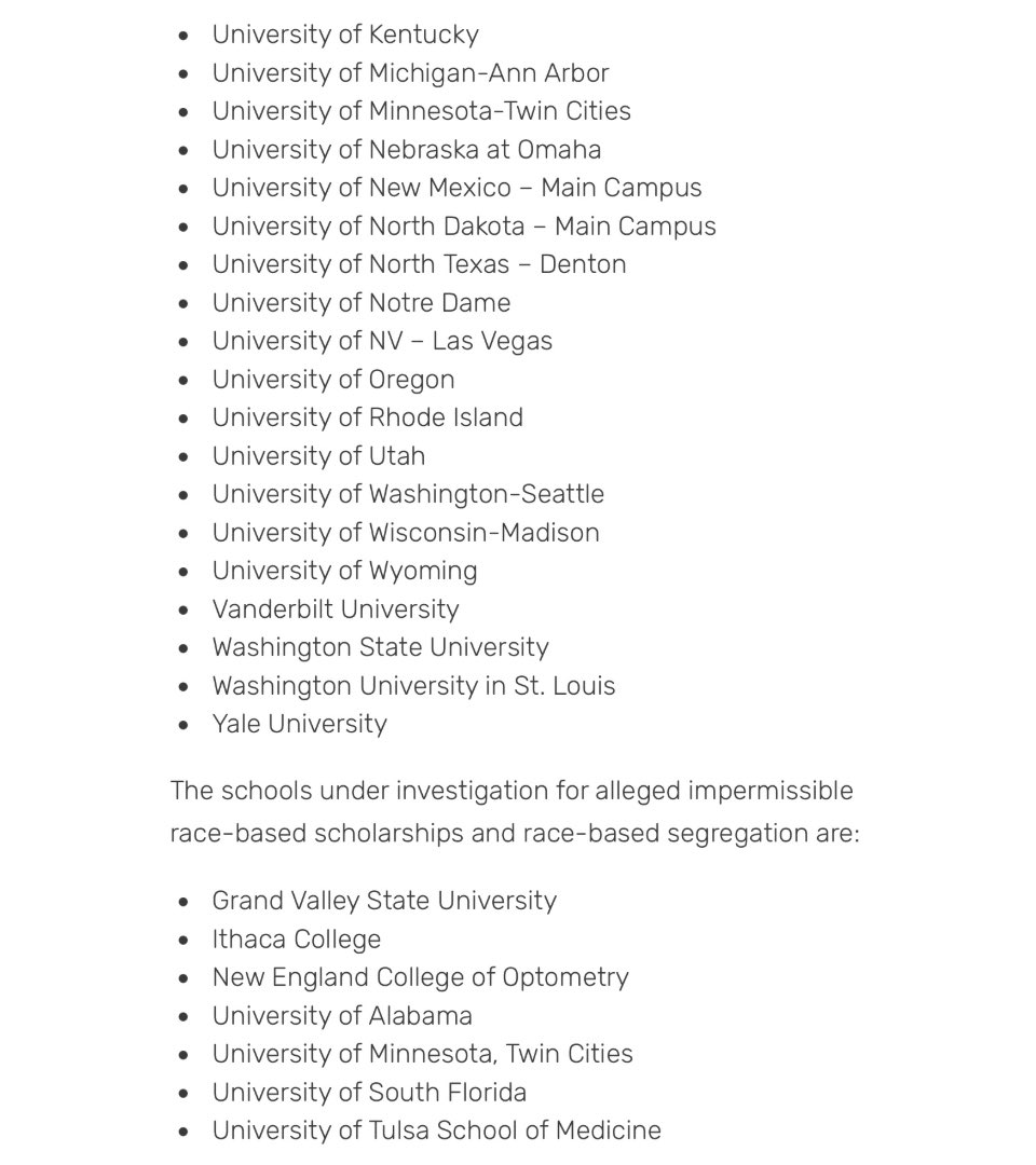 NEW: The Department of Education has opened investigations into 45 universities under Title VI for alleged impermissible use of race-exclusionary preferences, race-based scholarships, and/or race-based segregation.