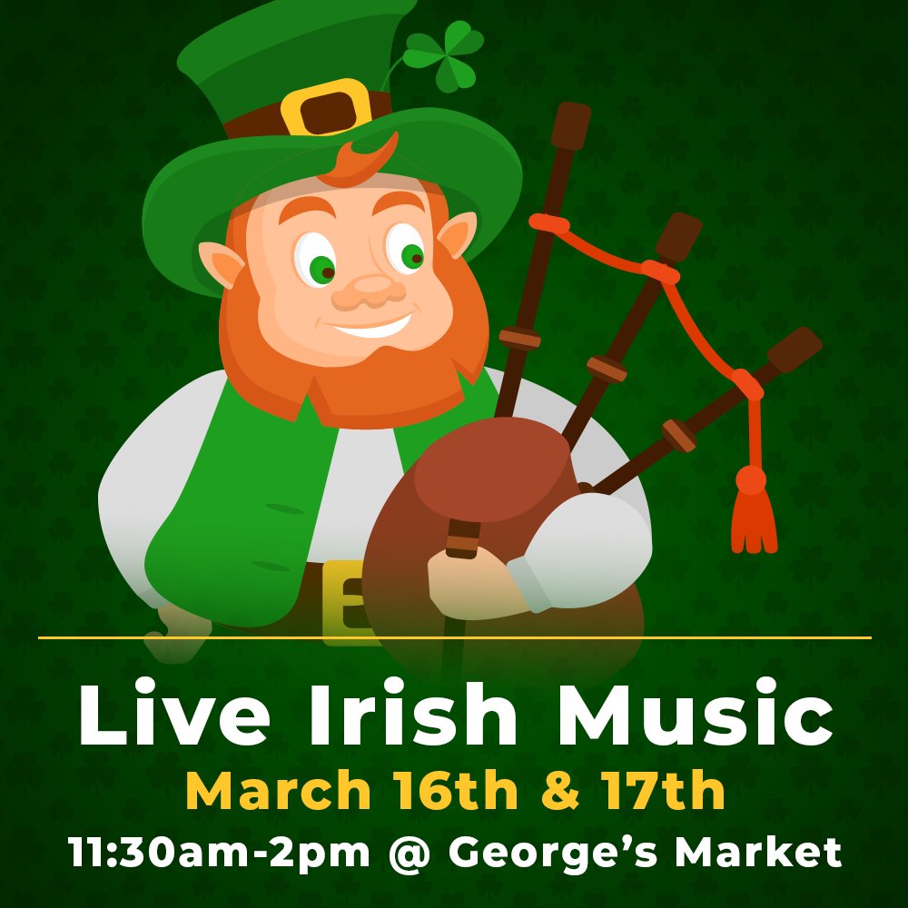 GeorgesMarketDT's tweet photo. Celebrate St. Patrick's Day weekend with live Irish music at George's Market! ☘️🎶 March 16 &amp; 17, 11:30 AM - 2:00 PM. #StPatricksDay #IrishMusic #GeorgesMarket https://t.co/r2YiJFY9z2