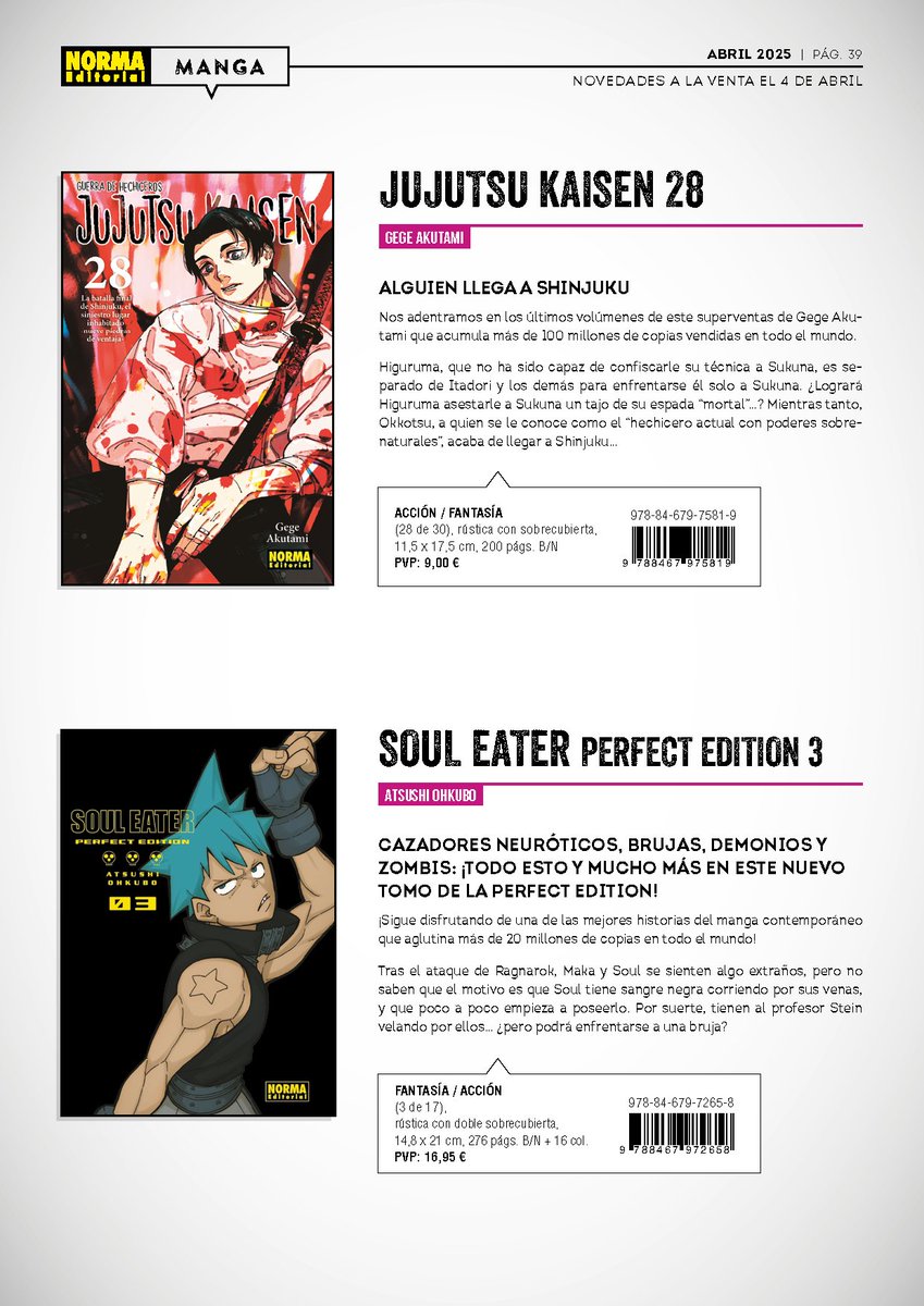 NormaEdManga's tweet photo. En abril también llegarán esperadas continuaciones, como:
🔴#JujutsuKaisen 28
🔴#SoulEater. Perfect Edition 3
🔴#Mononogatari. Espíritus malévolos 5
🔴Sudachi. El castillo del Rey Demonio 2
🔴Hikaru no go 8
🔴Choujin X 9 https://t.co/5QMgoMbJ7q