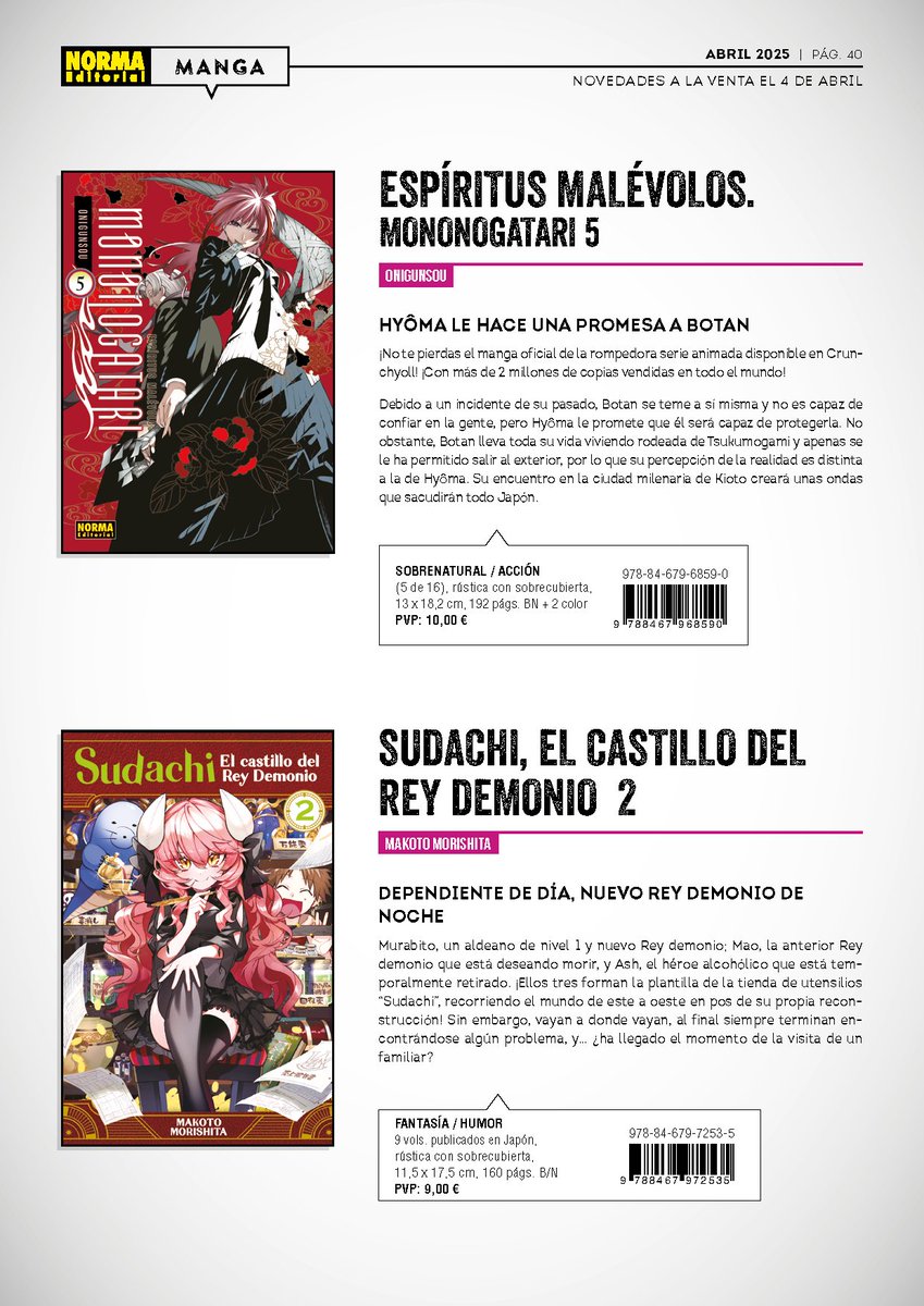 NormaEdManga's tweet photo. En abril también llegarán esperadas continuaciones, como:
🔴#JujutsuKaisen 28
🔴#SoulEater. Perfect Edition 3
🔴#Mononogatari. Espíritus malévolos 5
🔴Sudachi. El castillo del Rey Demonio 2
🔴Hikaru no go 8
🔴Choujin X 9 https://t.co/5QMgoMbJ7q