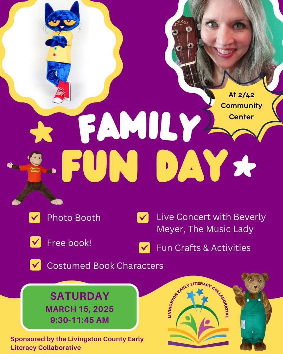 GreatStart_Liv's tweet photo. ✨📚 Join us for Family Fun Day! 🎉🎶

📍 2|42 Community Center
📅 Saturday, March 15, 2025
⏰ 9:30 - 11:45 AM
🎭 Meet costumed book characters
📸 Snap a pic at the photo booth
🎶 Enjoy a live concert with Beverly Meyer, The Music Lady
📖 Get a FREE book &amp; enjoy fun crafts! https://t.co/VRZUuIWWzL