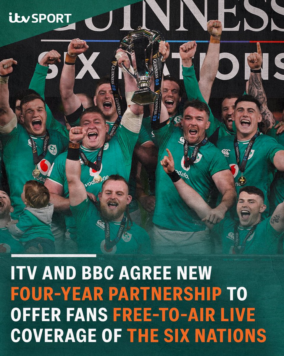 ITVRugby's tweet image. We're delighted to announce that ITV and BBC have agreed a new four-year partnership to offer fans free-to-air live coverage of the Guinness Men’s Six Nations Championship ❤️🏉

#ITVRugby | @SixNationsRugby | #GuinnessM6N