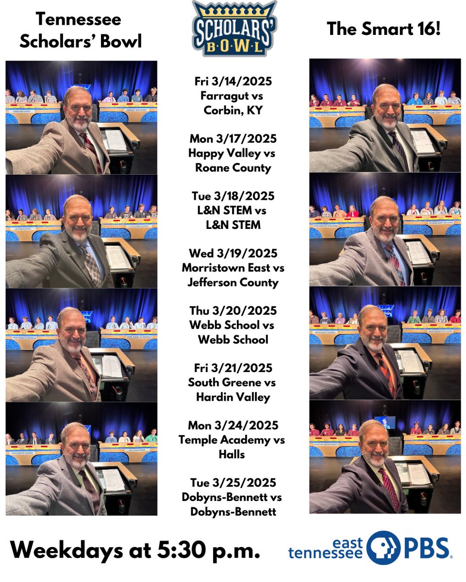 Only 16 teams remain on Season 41 of Tennessee Scholars' Bowl! The winners in the round of the Smart 16 advance to the Educated 8. Watch weekdays at 5:30pm on East Tennessee PBS.