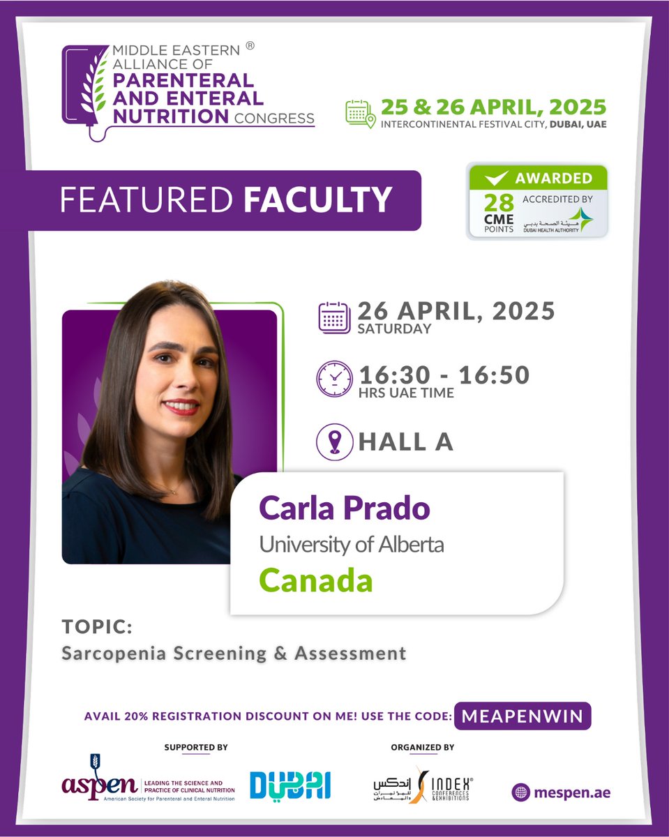 Please join us in welcoming Carla Prado from the University of Alberta, Canada, to MEAPEN 2025, where she will discuss sarcopenia screening and assessment.

Enjoy 20% off on registration with promo code MEAPENWIN. Valid until March 31!

Register here  mespen.ae/registration