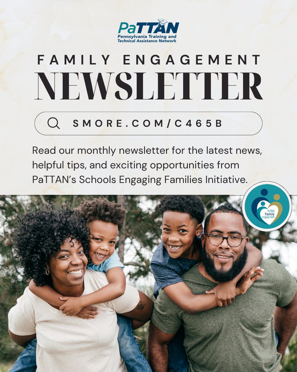📣 The latest #PAFamilyEngagement newsletter is here! 

Check out this month’s edition for tips and tricks to promote lasting, equitable school-family-community partnerships from PaTTAN’s #SchoolsEngagingFamilies Initiative: secure.smore.com/c465b