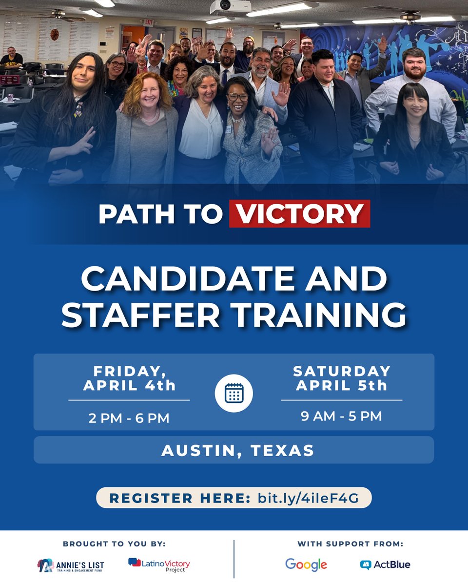 adeferr's tweet photo. Hey y'all, here’s a great opportunity to get training if you're thinking of running for office. @latinovictoryus will be hosting a #PathtoVictory in #Austin, #Texas on April 4-5, 2025.
Register here:
https://t.co/LxwIwfFeYl https://t.co/8Qo00pK55H