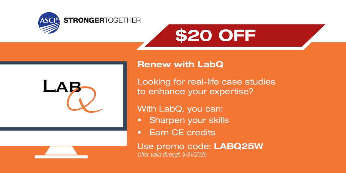ASCP_Chicago's tweet image. Spring into skill boosting this season with LabQ! Save $20 on your next course with promo code: LABQ25W. bit.ly/4bRhAQf

#LabQ #casestudies