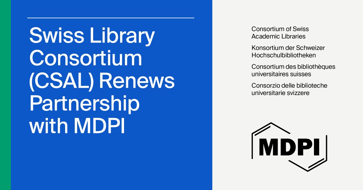 MDPIOpenAccess's tweet photo. 22 Swiss universities and research institutions have agreed to extend their partnership with MDPI for 2025. The agreement negotiated by CSAL is valid until the end of this year.
Learn more: https://t.co/f9ntHoaHio
#MDPI #OpenAccess #GoldOA https://t.co/n4mzuS4NvX