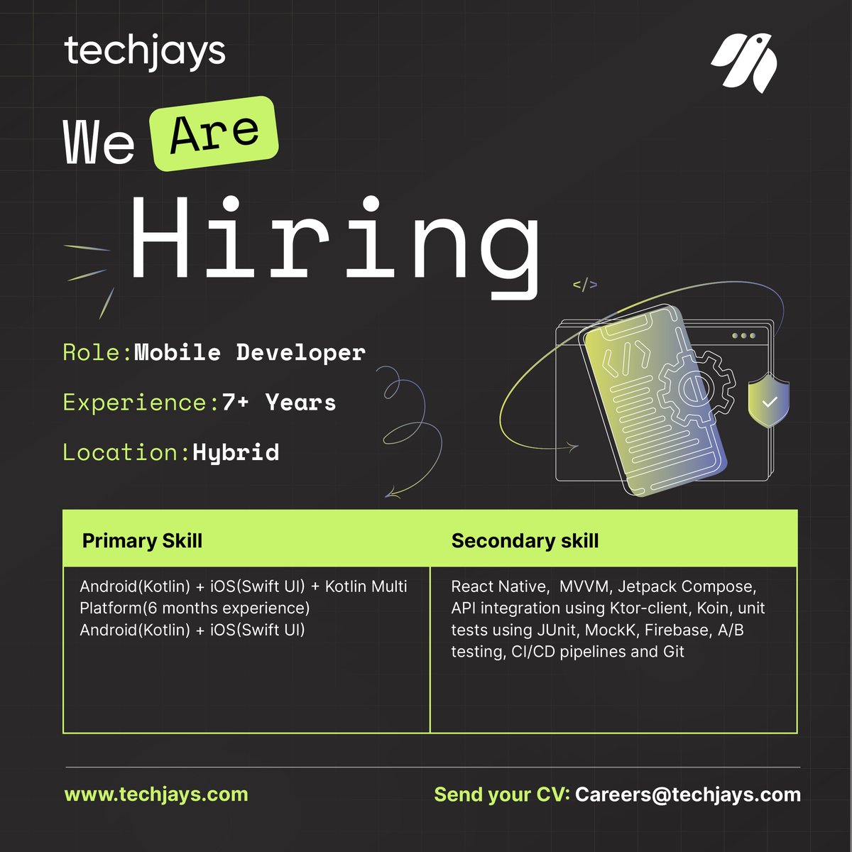 techjaysoffl's tweet image. techjays is looking for a Senior Mobile Developer to join our team. If you have expertise in mobile app development and a passion for innovation, we want to hear from you!

#Techjays #SeniorMobileDeveloper #Android #iOS #Kotlin #SwiftUI #KotlinMultiPlatform
