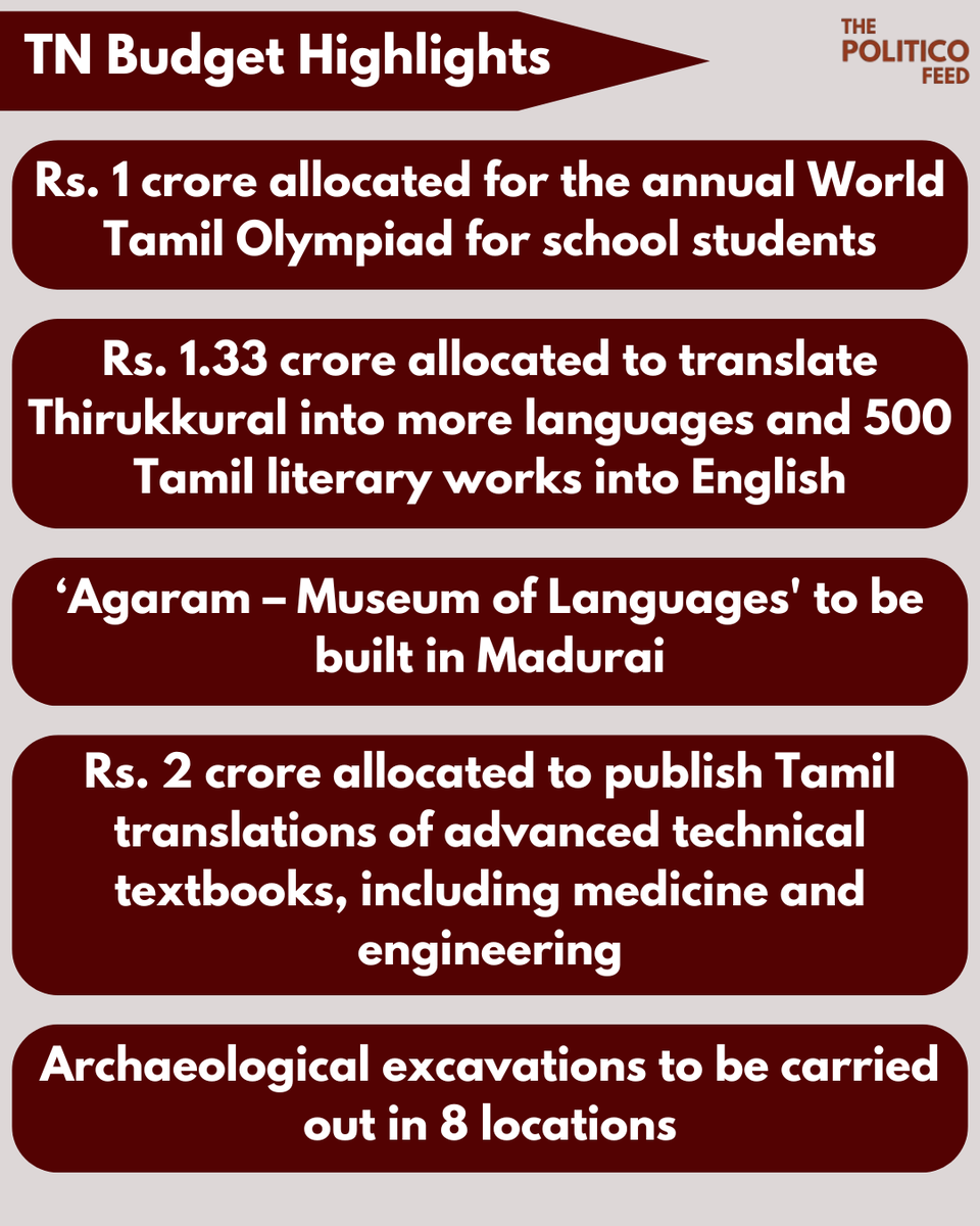 ThePoliticoFeed's tweet photo. Tamil Nadu Budget Highlights (2025 - 26)

#TamilNadu #Budget #TamilNaduBudget #TNBudget2025 #TamilNaduGovernment #ThangamThennarasu #ThePoliticoFeed https://t.co/mCHhLI7WX1