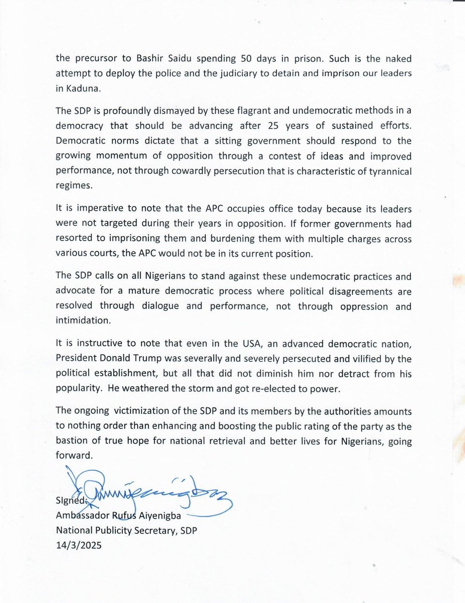 NIGERIA UPDATE: Our party, the SDP has issued a statement with regards the oppressive conduct of the Kaduna State government and misuse of federal security agencies in the persecution of opposition leaders. 

We must all stand up to oppression and abuse of power to safeguard our