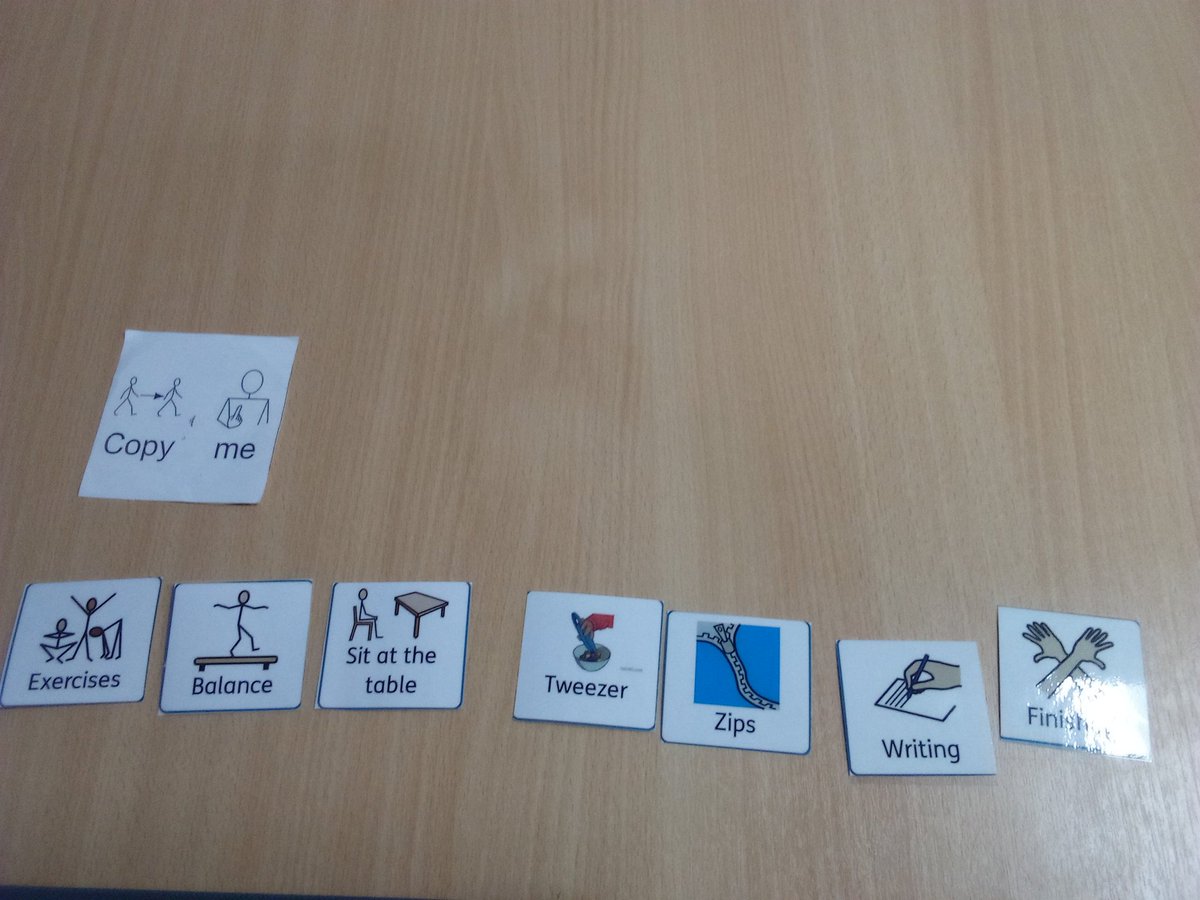 A simple visual task plan is so important for lots of children who attend #OT sessions <a href="/Topcliffeschool/">Topcliffe Primary</a> They offer security in knowing the plan and they help to manage expectations with a clear start and finish. The children turn over the symbols when each task is complete.