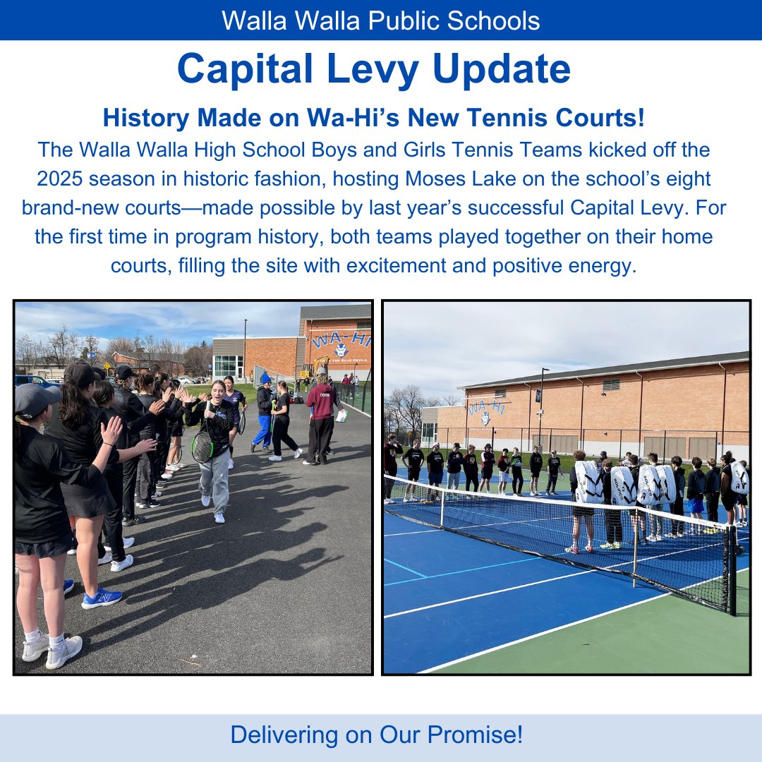 Wa-Hi's Boys &amp; Girls Tennis Teams kicked off the 2025 season in historic fashion, hosting Moses Lake on the school’s 8 brand-new courts—made possible by last year’s successful Capital Levy. Both teams won. Thank you to WW! #DeliveringOnOurPromise #WWPSCapitalLevy #ThankYouWW
