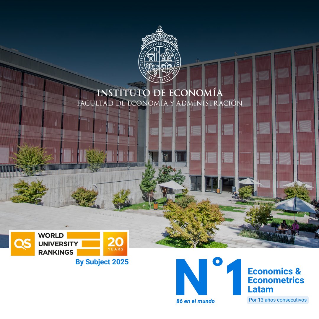 Instituto Economía UC (@ie_uc) on Twitter photo 🥇Por 13° año consecutivo, el <a href="/IE_UC/">Instituto Economía UC</a> es reconocido como el N° 1 en Chile y Latam en Economics & Econometrics, según el Ranking QS by Subject 2025, subiendo 20 puestos en los últimos 5 años, alcanzando el puesto 86 a nivel mundial.
¡Felicitaciones a toda la comunidad del <a href="/IE_UC/">Instituto Economía UC</a>! 🥇Por 13° año consecutivo, el <a href="/IE_UC/">Instituto Economía UC</a> es reconocido como el N° 1 en Chile y Latam en Economics & Econometrics, según el Ranking QS by Subject 2025, subiendo 20 puestos en los últimos 5 años, alcanzando el puesto 86 a nivel mundial.
¡Felicitaciones a toda la comunidad del <a href="/IE_UC/">Instituto Economía UC</a>!