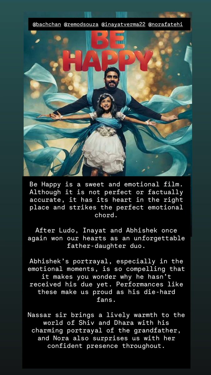 Nikhil30493's tweet image. #BeHappy is a sweet and emotional film. Although it is not perfect or factually accurate, it has its heart in the right place and strikes the perfect emotional chord.

After #Ludo, #Inayat and @juniorbachchan once again won our hearts as an unforgettable father-daughter duo.