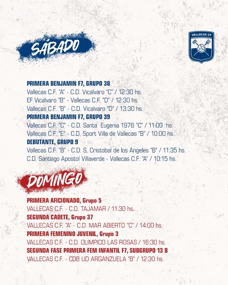 🗓️ Partidos de la fecha 🗓️ 

Conoce los partidos confirmados para este fin de semana que ya arranca 🙌

⚽️ Te esperamos en el Virgen de la Torre para animar a nuestros equipos

 ⚪️🔵 #VamosVallecas #SomosVallecas #VallecasUnido