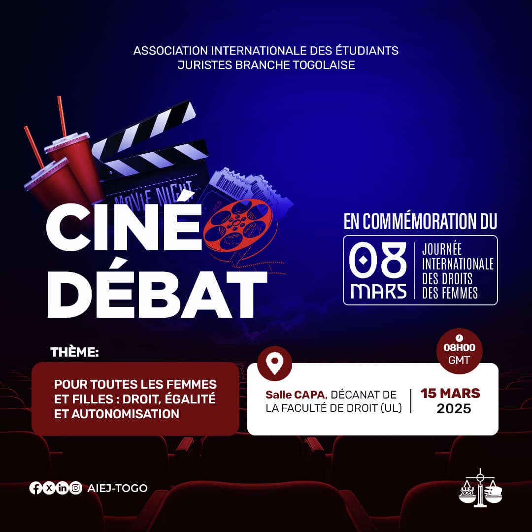 Une projection captivante, un débat interactif, des échanges riches… et bien sûr, du popcorn et des boissons pour une ambiance conviviale et détendue !

Venez vous informer, débattre et partager un bon moment !

#AIEJ-Togo #JournéeDesDroitsDesFemms
#CinéDébat 
#Popcorn