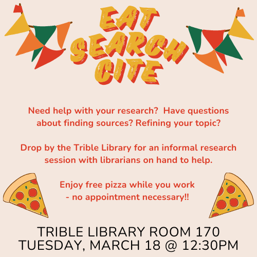 Check this out in the #triblib - free pizza &amp; research help - a great combo! March 18th at 12:30 - make plans now!