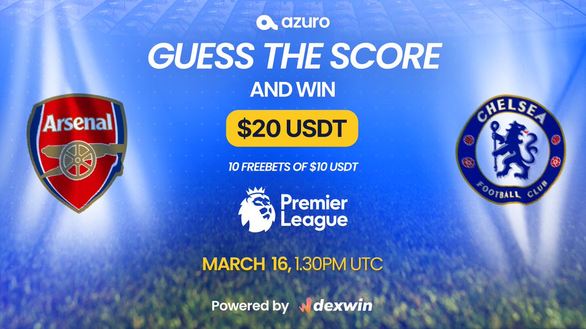 azuro ๐ (@azuroprotocol) on Twitter photo โฝ๏ธ Azuro Guess The Score Contest ๐
How to join:
1๏ธโฃ Follow us & <a href="/DexWin_Sports/">DexWin Crypto Betting</a>
2๏ธโฃ Like and RT this post
3๏ธโฃ Guess the final score of the Arsenal vs Chelsea match
4๏ธโฃ Only 1 reply/user, multiple entries won't count
โณ Ends February March 16th, 1.30 PM UTC
๐ Sending 20 USDT to 5 โฝ๏ธ Azuro Guess The Score Contest ๐
How to join:
1๏ธโฃ Follow us & <a href="/DexWin_Sports/">DexWin Crypto Betting</a>
2๏ธโฃ Like and RT this post
3๏ธโฃ Guess the final score of the Arsenal vs Chelsea match
4๏ธโฃ Only 1 reply/user, multiple entries won't count
โณ Ends February March 16th, 1.30 PM UTC
๐ Sending 20 USDT to 5