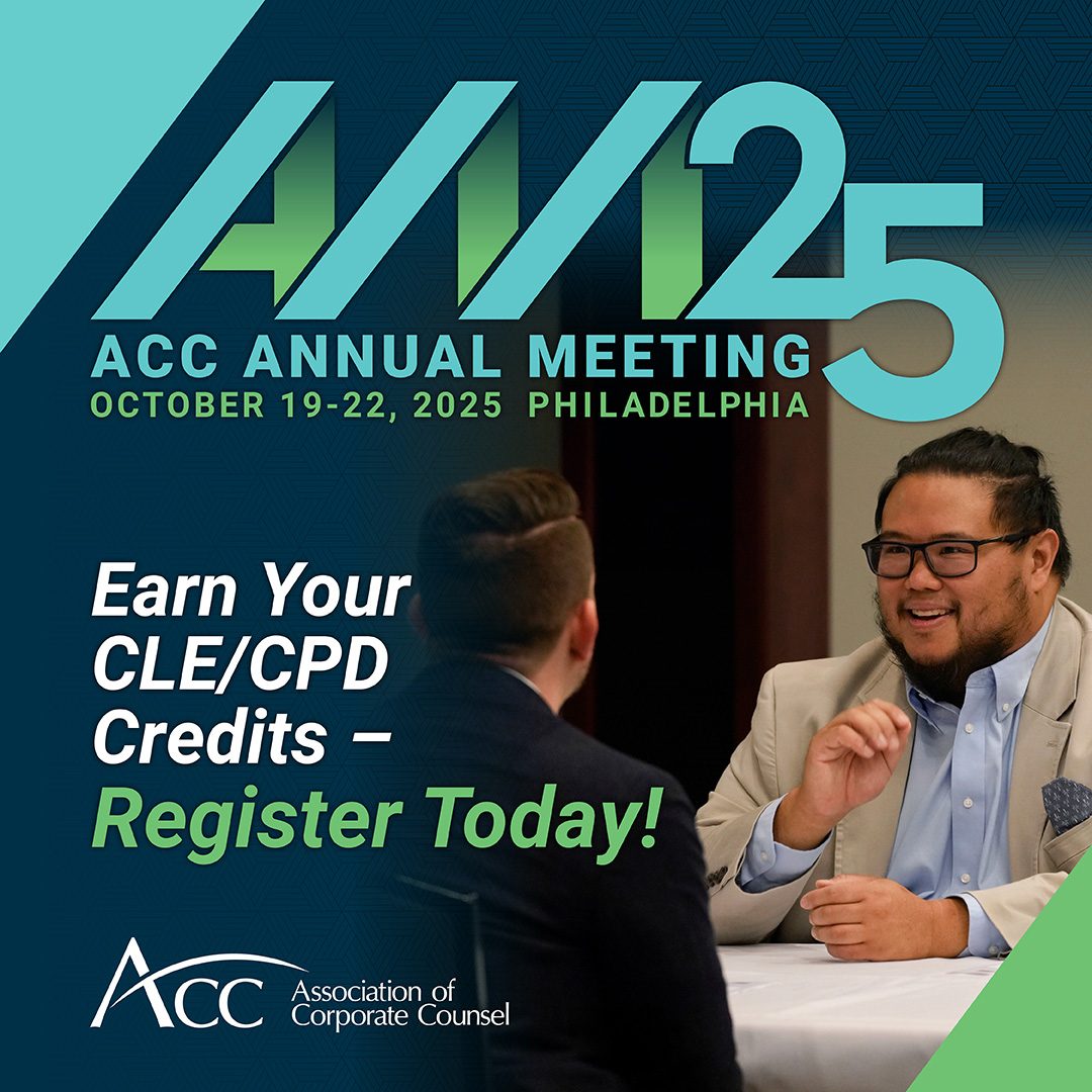 Get the professional development you need AND earn up to a year’s worth of CLE/CPD credits at the 2025 ACC Annual Meeting! 🎓

Secure your spot today! acc.com/annualmeeting?…

#ACCAM25 #CLE #CPD #InHouseCounsel