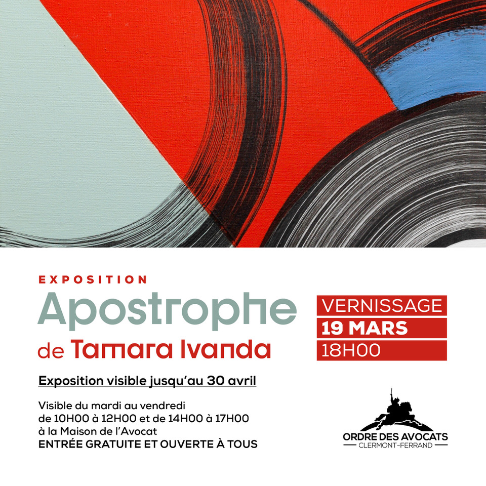 ordreavocats63's tweet photo. Nouveau vernissage, Mercredi 19 mars à 18h00 ! Venez nombreux découvrir l'exposition de l'artiste Tamara Ivanda, qui sera visible jusqu'au 30 avril. Gratuit et ouvert à toutes et à tous ! Rendez-vous à la Maison de l'avocat, 9 rue Lamartine à Clermont-Fd ! https://t.co/6ZOsHYtkyI
